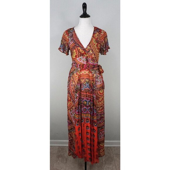 Anthropologie Murol Wrapped Multicolor Red Orange Foral Boho V-Neck Maxi Dress 4 - Picture 3 of 10